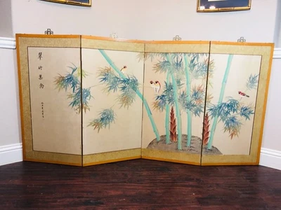 Chinese MCM Vintage 4 Panel Table Screen Painted Silk 72 in x 36 in - READ - Image 1 of 4