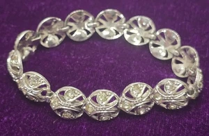 Vintage Silverplate & Rhinestone Round Link Bracelet 7 Inch Total Length  - Picture 1 of 5