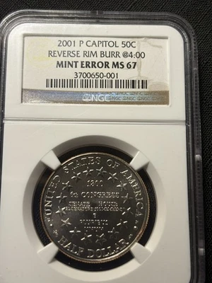 2001 P Capitol Commemorative Half Dollar NGC MS67 Rare Error, Reverse Rim Burr - Image 1 of 4