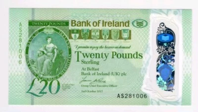 2017 NORTHERN IRELAND BANK OF IRELAND 20 POUNDS POLYMER P-NEW UNC+GREEN NR 3-11 - Image 1 of 4