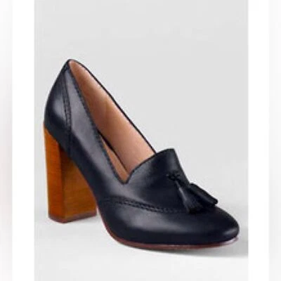 Lands End Stowe High Heel Tassel Pumps Black Leather Stacked Heel Womens 9.5 - Image 1 of 4