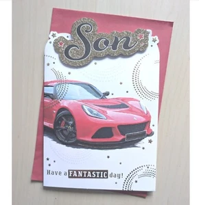 Biglietto Compleanno Figlio 9"x6" Uomo Maschio Lui Rosso Auto Sportiva - Foto 1 di 4