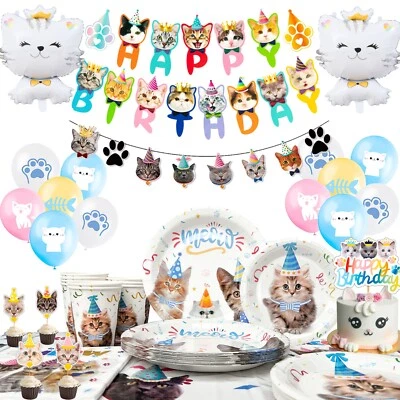INBOXXARTY Cat Party Supplies Kitten Birthday Party Decorations Tableware Plates Balloons