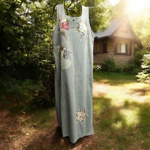 Vintage Dress Womens L Green Corduroy Handpainted Floral Cottagecore Patchwork  - Picture 1 of 15