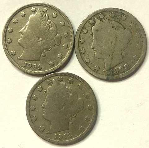 1912 D, 1909 & 1898 Liberty 5c V Nickels 3 COIN LOT Cover