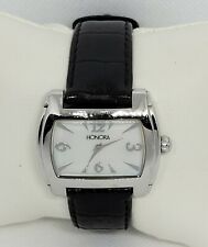 Ladies Honora Rectangle Silver Tone MoP Dial Black Leather Band Analog Watch E3