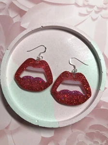 Lips Earrings. Dangly Kiss. Free P&P Resin & Sterling silver. Statement, Red - Picture 1 of 2