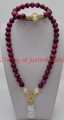 12mm Rose Red Tiger's Eye & White Keshi Baroque Pearl Pendant Necklace Bracelet - Image 1 of 4