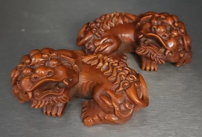 Pair of Vintage Chinese Hand Carved Boxwood FOO DOG LIONS Figurines FENG SHUI - Image 1 of 4