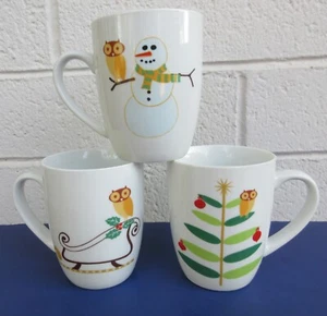 3 RACHAEL RAY HOLIDAY HOOT Christmas Mugs Owls w/ Xmas Tree Sleigh Snowman K104 - Picture 1 of 12