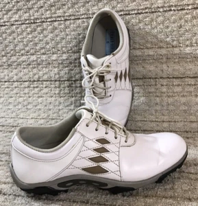 Women's Sz 7.5 FootJoy White Leather Golf Shoes eComfort Argyle Stitch Cleats - Picture 1 of 13