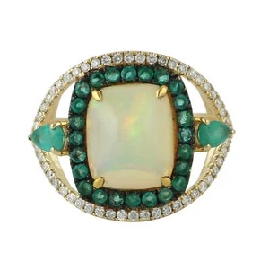 4.97ct Opal Rund Schliff Smaragd Cocktail Ring 18k Gelbgold Diamant Schmuck - Bild 1 von 3