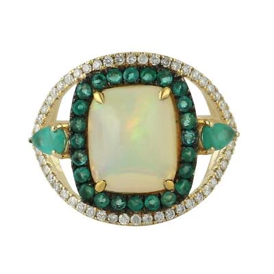 4.97ct Opal Rund Schliff Smaragd Cocktail Ring 18k Gelbgold Diamant Schmuck - Bild 1 von 3