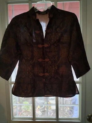 Vintage charming silk brocade chinese design 50s /60s blouse sz M, bronze color  - Image 1 of 4