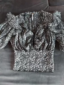 Free People Beatrice Lace-Up Top Printed Sheer Smocked Puff Sleeve Blouse Small - Picture 1 of 4
