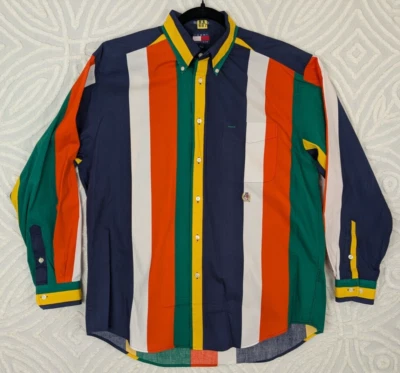 Camisa De Colección Años 90 Tommy Hilfiger Y2K Para Hombres M Multicolor Rayas Con Botones De Gran Tamaño Foto 1 de 4