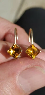 Yellow Topaz Labcreated Princess Cut Leverback Earrings 14kt Solid Yellow Gold  - Image 1 of 4