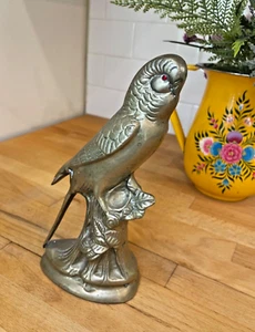 Vintage Brass Budgie Parakeet Bird Sculpture Red Jewel Eyes - Picture 1 of 4