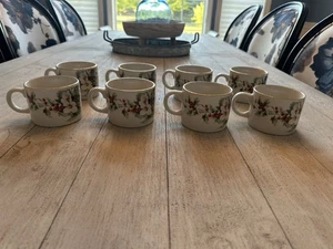 NEW Gibson Everyday China Christmas Charm Holly & Berries flat cup Set of 8 - Picture 1 of 9