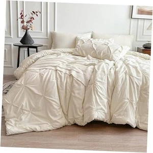 Cream Comforter Set, 7 Pieces Off White Comforter, Pintuck Queen Cream White - Picture 1 of 7
