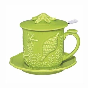 Taza de té Andrea Sadek cerámica COVD colador estrella de mar concha verde claro #21348 nueva en caja - Imagen 1 de 2