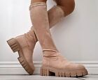Womens Beige Knee High Sock Boots Ladies Stretch Calf Chunky Sole Chelsea UK 7