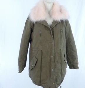 Parka Jacket Coat Khaki Warm Winter Coat Pink Fur Lining Collar Vera Lucy size M - Picture 1 of 16
