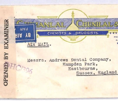 INDIA Segunda Guerra Mundial Cubierta Bombay *QUÍMICO DROGADICTO* Anuncio Eastbourne 1945 FARMACIA YX226 Foto 1 de 4