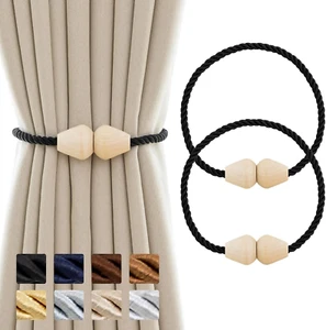 Curtain Tiebacks Wooden Magnetic Curtain Tie Backs Boho 2 Pack Rope Curtain Hold - Picture 1 of 12