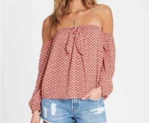 Billabong Crop Top Sz M Off The Shoulder Strapless Red Diamond Print Boho Beach - Picture 1 of 13