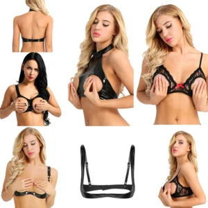 Women Sexy Cupless Bra PVC Leather Nipples Open Cup Underwear Lingerie Nightwear - Picture 1 of 45