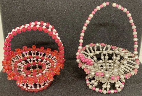 Vintage LOT 2 MCM PINK & CLEAR SAFETY PIN BASKETs TRAMP ART 1950's Cover