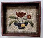 Unusual Vintage Primitive Floral Hooked Rug in a Painted Frame Box Tray Rustic