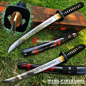 Grabado de dragón espada corta samurai japonés negro tanto 1095 acero mini katana - Imagen 1 de 10