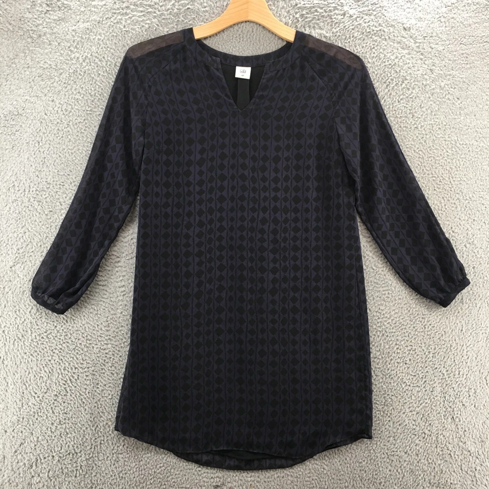 Cabi Harlequin Print Sheer Overlay Tunic Dress Womens M Black Purple Long Sleeve - Image 1 of 4