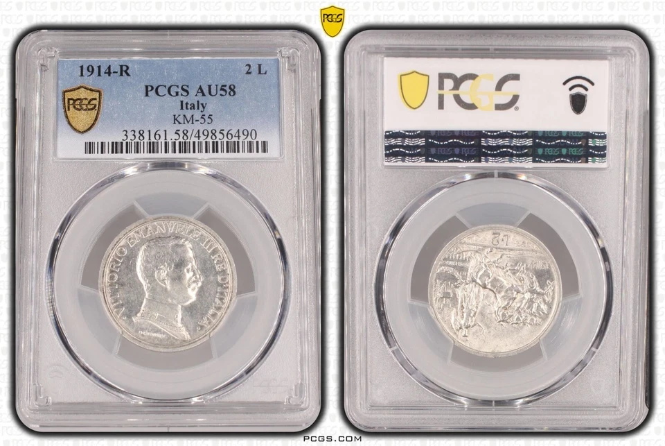 ITALY SILVER 2 LIRE AU COIN 1914 YEAR KM#55 VICTOR EMMANUEL III PCGS AU58 - Image 1 of 1