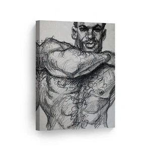 Sexy Man Portrait Lithograph Crayon LGBT Half Nude Gay Canvas Wall Art Print - Picture 1 of 7