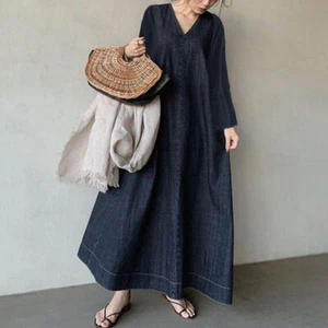 Lockeres Damen-Maxikleid V-Ausschnitt Langarm Freizeit japanischer Stil Oversize-Kleid - Bild 1 von 6