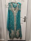 Gorgeous Teal chiffon Party 4pcs Pant Style Kameez Size M Silver Embroidery Real