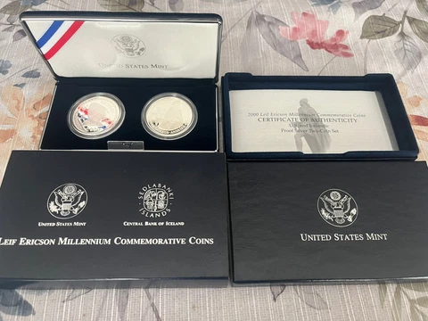 2000 P Leif Ericson Millennium Proof Two-Coin Commemorative Set Coins Box & COA Cover