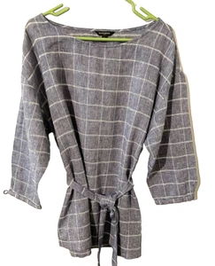 BANANA REPUBLIC Linen Blend Belted Gray Checkered Tunic Sz L Lagenlook Cruise - Picture 1 of 6