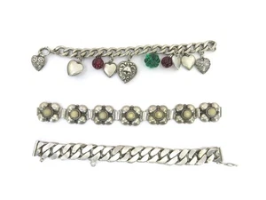 Set of 3 Vintage Mexico Silver Bracelets 134+grams Charms - Picture 1 of 10