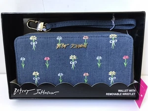 BETSEY JOHNSON DENIM/MULTI EMBROIDERED FLOWERS ZIP AROUND WALLET/WRISTLET NIB - Picture 1 of 9