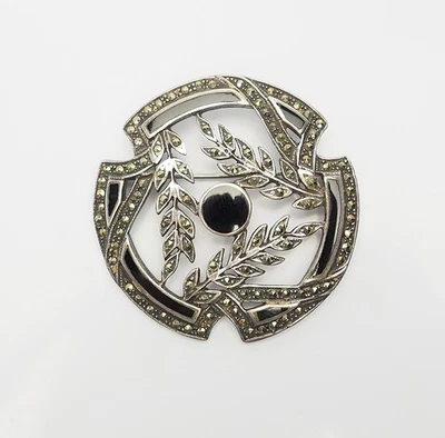 Vintage Art Déco Stile Argento Sterling Onice Marcasite Rotondo Spilla - Immagine 1 di 3