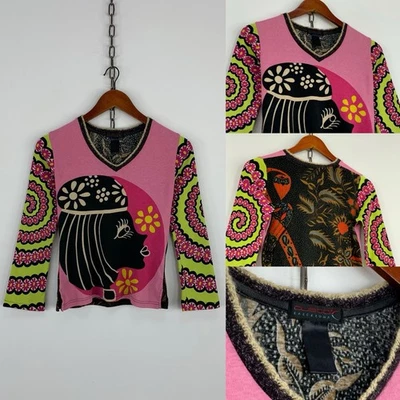 Vintage CUSTO BARCELONA Women’s Multicolor Art Face Logo Long Sleeve T-Shirt S/M - Image 1 of 4