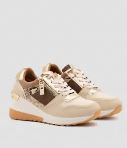 New Women Metallic Beige Wedge High Platform Shoelace Trainer Sneaker.EU 36-41 - Picture 1 of 11
