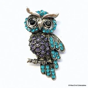 Stunning Blue Crystal Wise Owl Silver Tone Brooch Art Deco Pin Badge Wisdom Gift - Picture 1 of 5