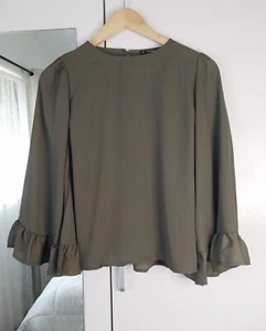 SHEIN Top Blouse Olive Green Khaki Long Sleeve Bell Sleeve Semi Sheer Size M NEW - Picture 1 of 14