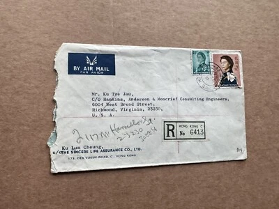 Hong Kong 1967 Reg Cover (E19) + QEII Bicolor Frank + Reg Label #6413 + Consultoría Foto 1 de 3