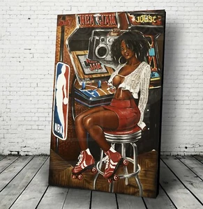 NBA JAM Arcade African american girl sexy Barcade Original acrylic painting new - Picture 1 of 9